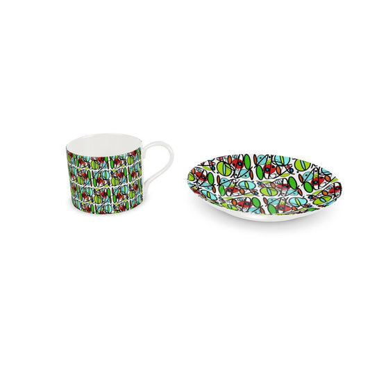 Bone China Cup and Saucer with vibrant circles and swirls