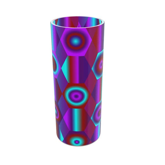 Tall Cylindrical Glass Vase with Vibrant Shapes