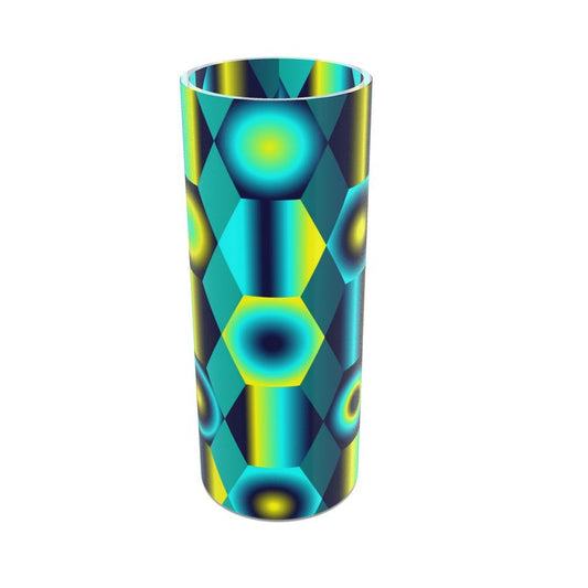 Tall Cylindrical Glass Vase with Vibrant Shapes