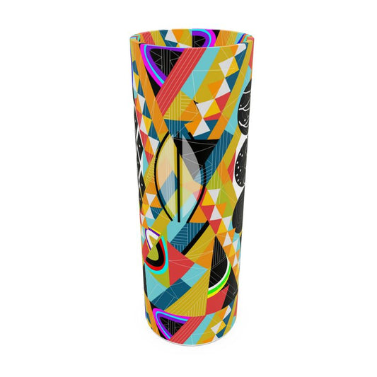 Tall Cylindrical Glass Vase with a Vibrant Abstract Design