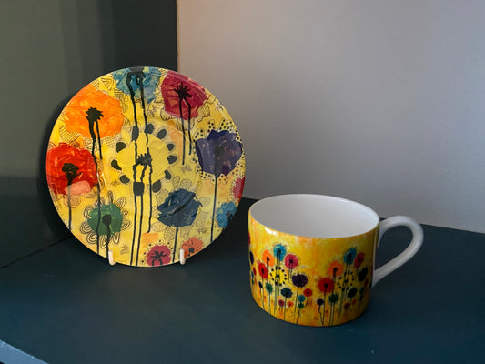 Bone China Cup & Saucer Abstract Pop of Flowers
