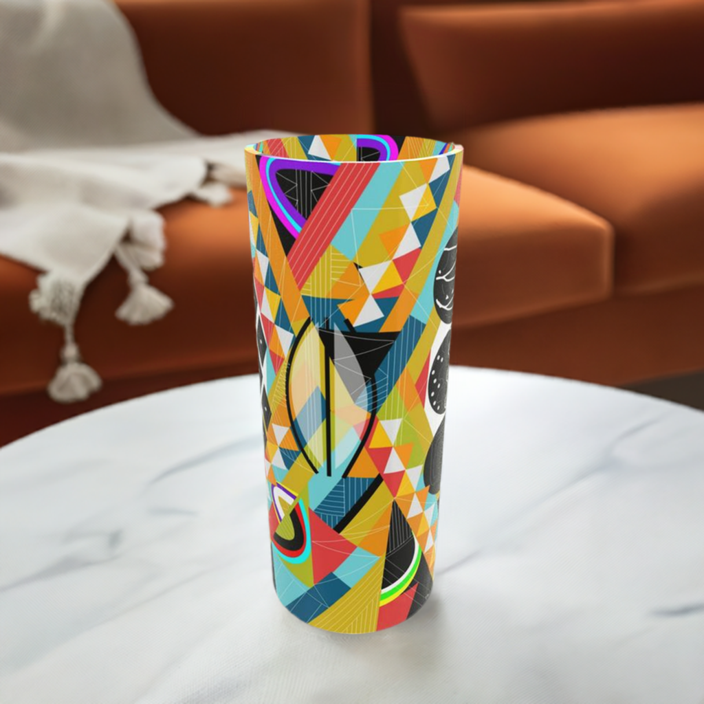 Tall Cylindrical Glass Vase with a Vibrant Abstract Design