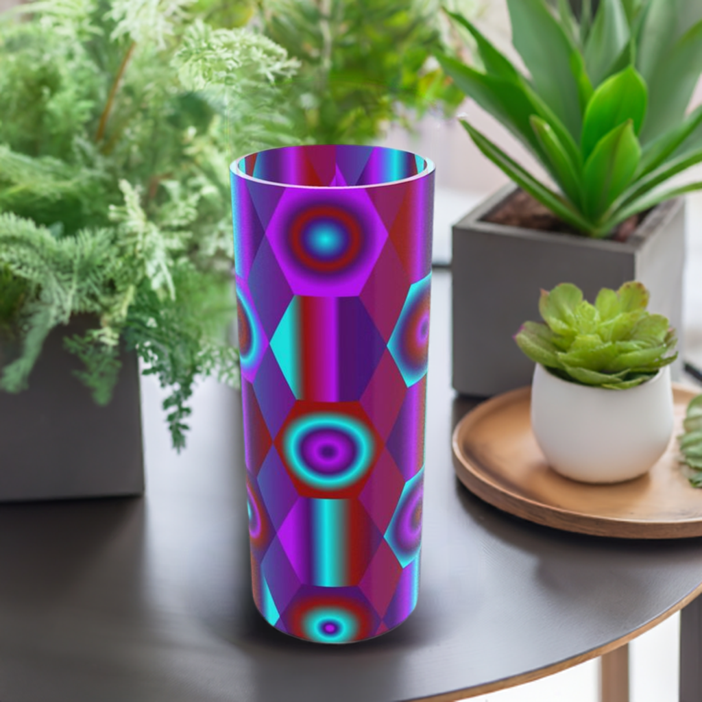 Tall Cylindrical Glass Vase with Vibrant Shapes