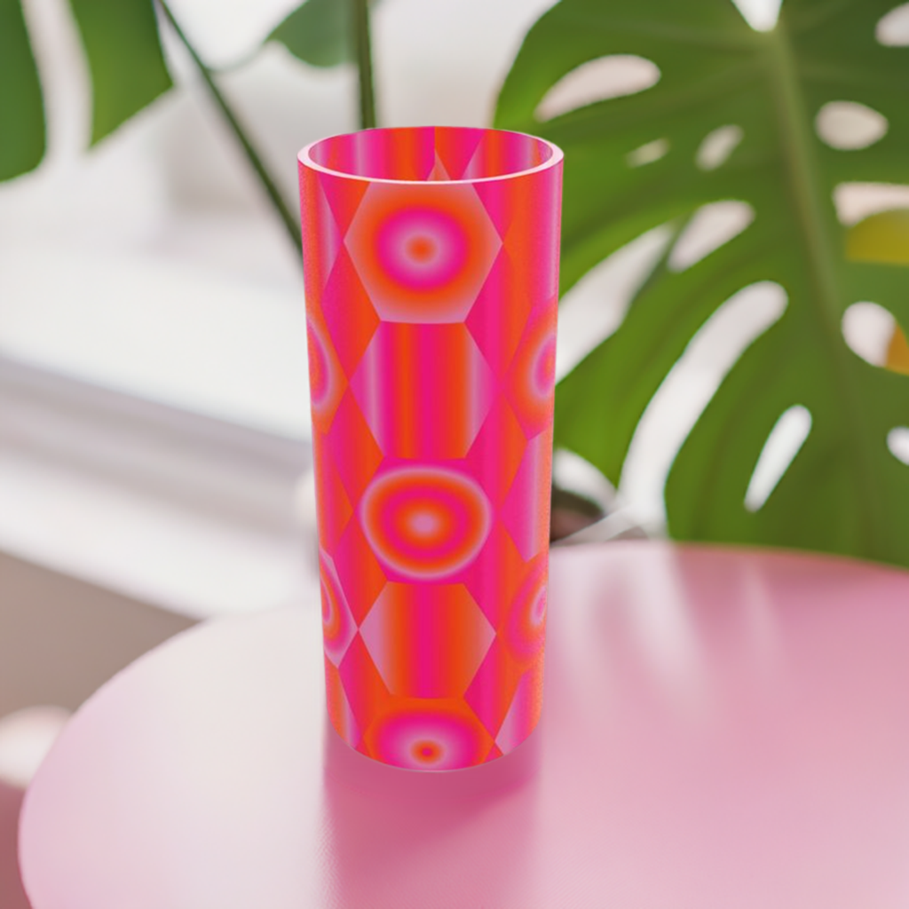 Tall Cylindrical Glass Vase with Vibrant Shapes