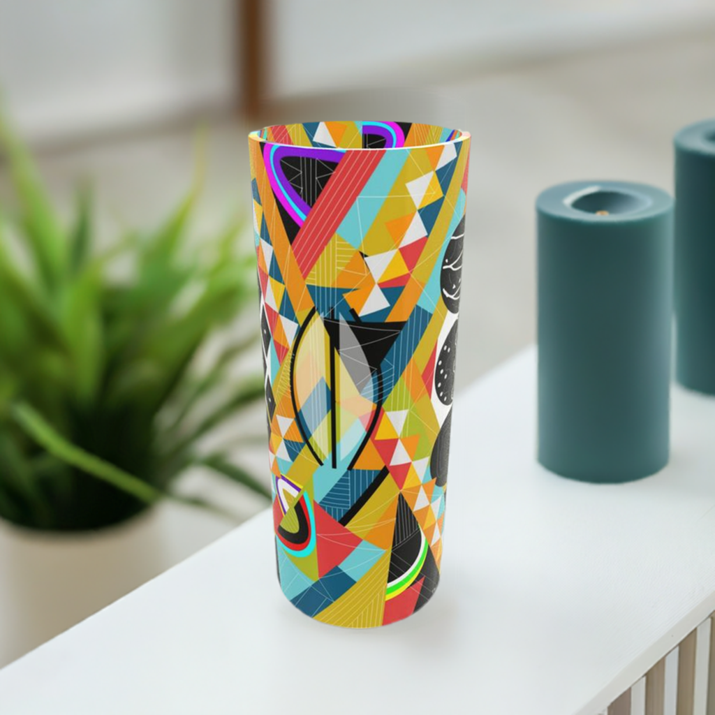 Tall Cylindrical Glass Vase with a Vibrant Abstract Design