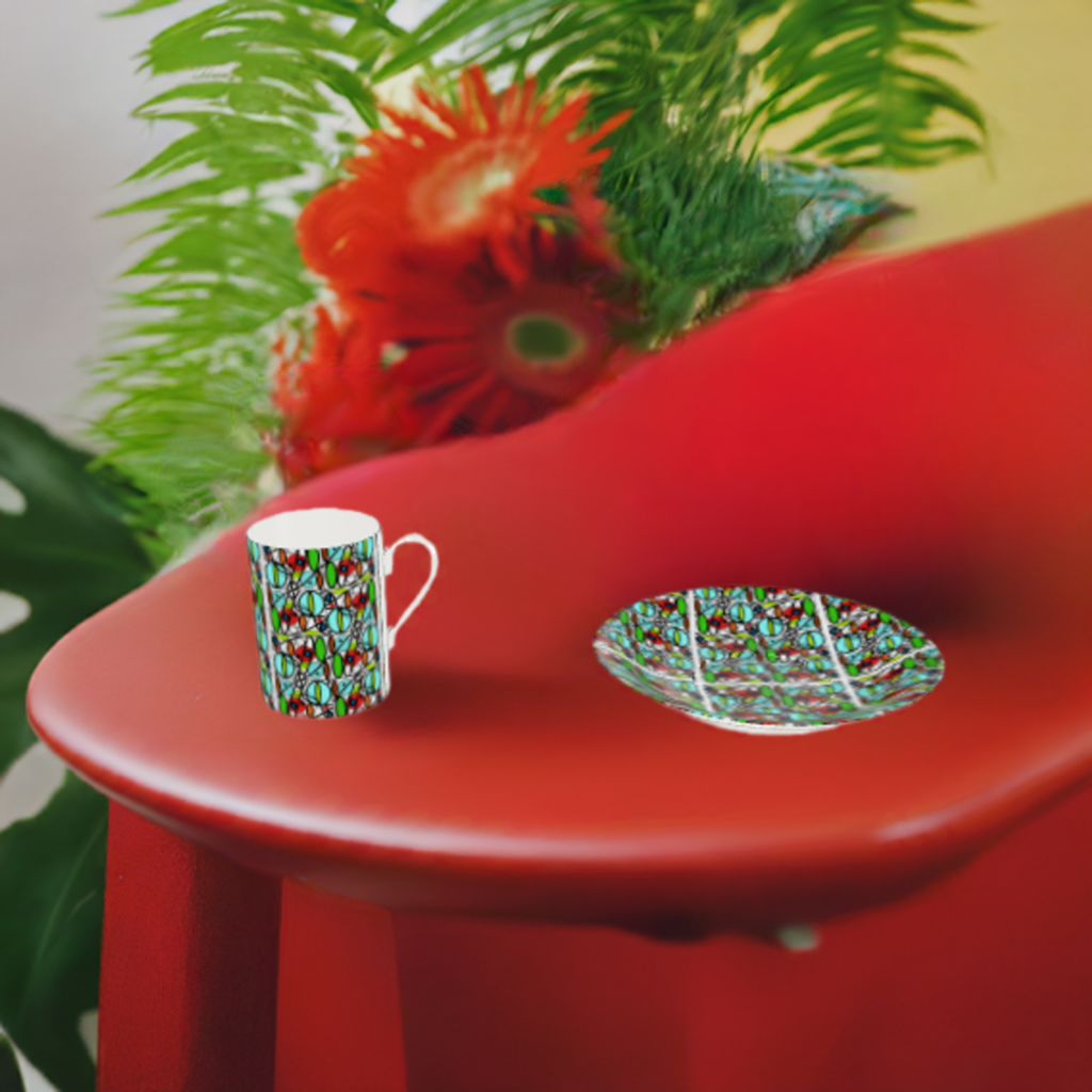 Bone China Cup and Saucer with vibrant circles and swirls