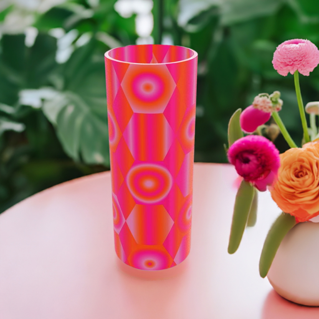 Tall Cylindrical Glass Vase with Vibrant Shapes