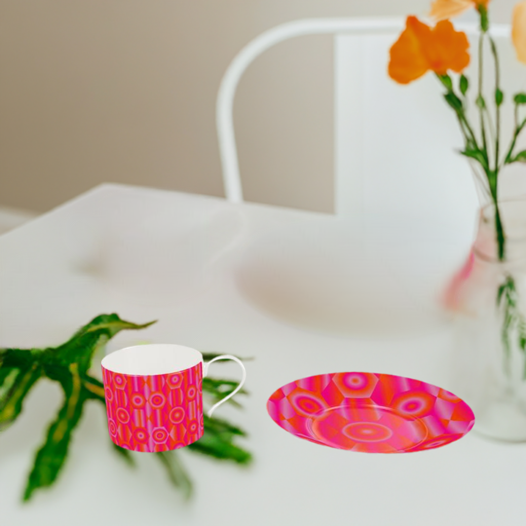 Bone China Cup and Saucer with Vibrant Shapes