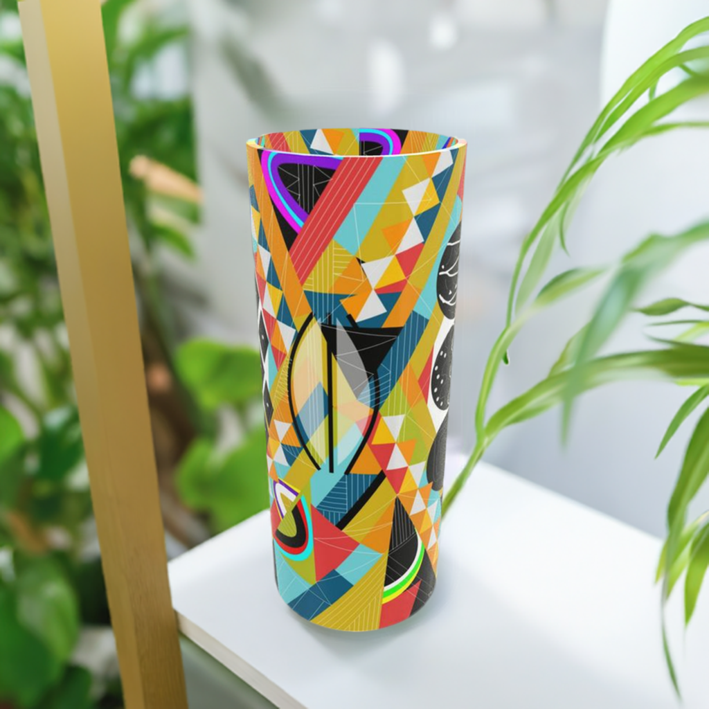 Tall Cylindrical Glass Vase with a Vibrant Abstract Design