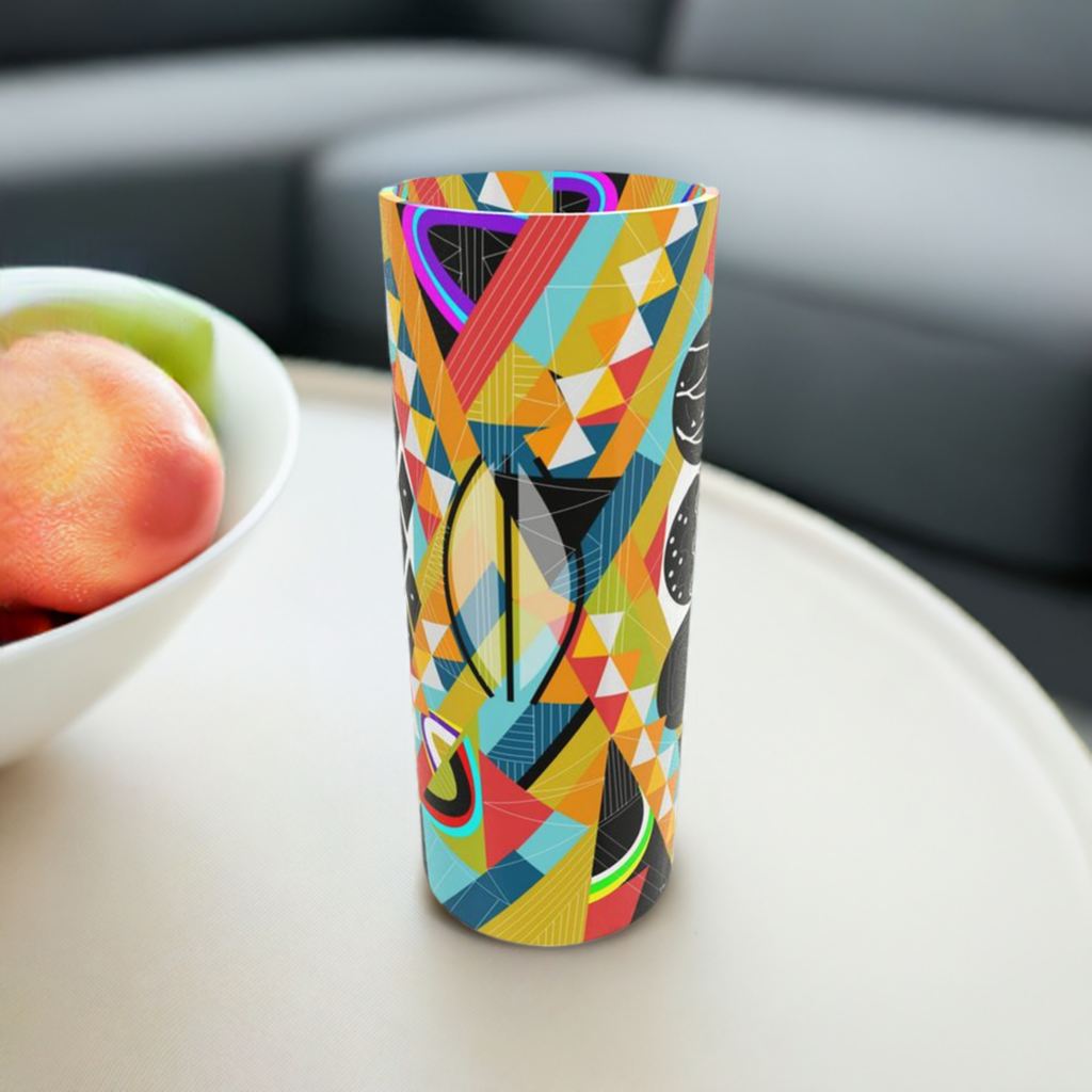 Tall Cylindrical Glass Vase with a Vibrant Abstract Design