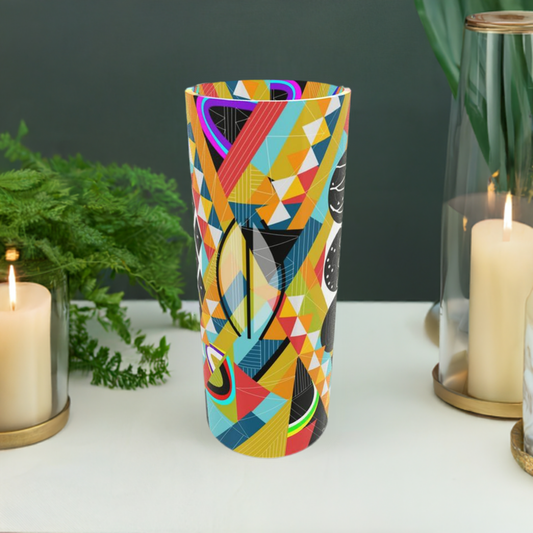 Tall Cylindrical Glass Vase with a Vibrant Abstract Design