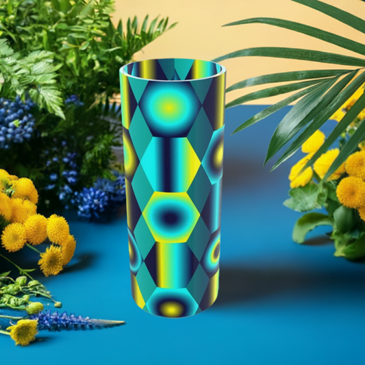 Tall Cylindrical Glass Vase with Vibrant Shapes