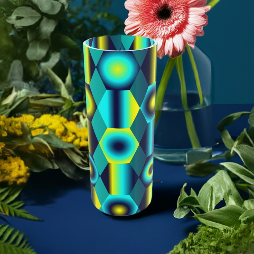 Tall Cylindrical Glass Vase with Vibrant Shapes