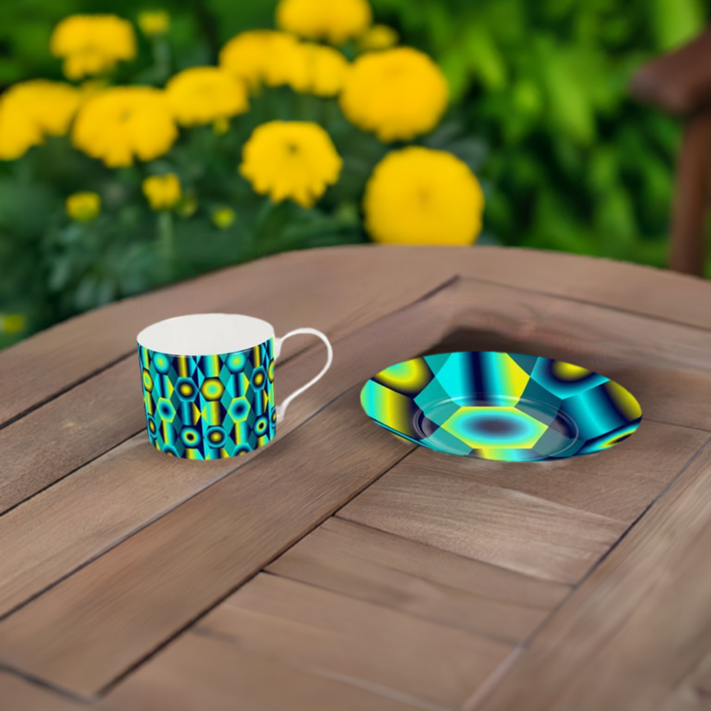 Bone China Cup and Saucer with vibrant shapes