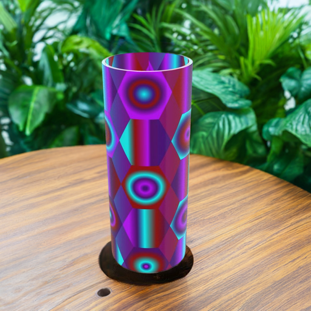 Tall Cylindrical Glass Vase with Vibrant Shapes