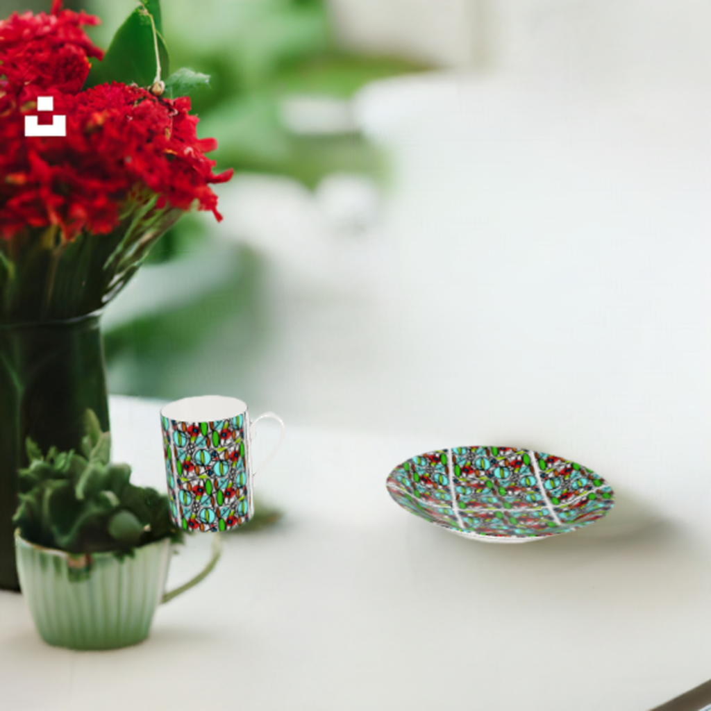 Bone China Cup and Saucer with vibrant circles and swirls