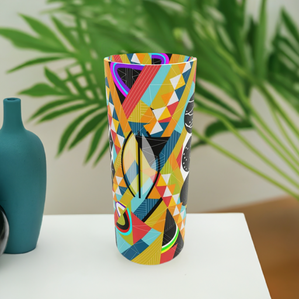 Tall Cylindrical Glass Vase with a Vibrant Abstract Design