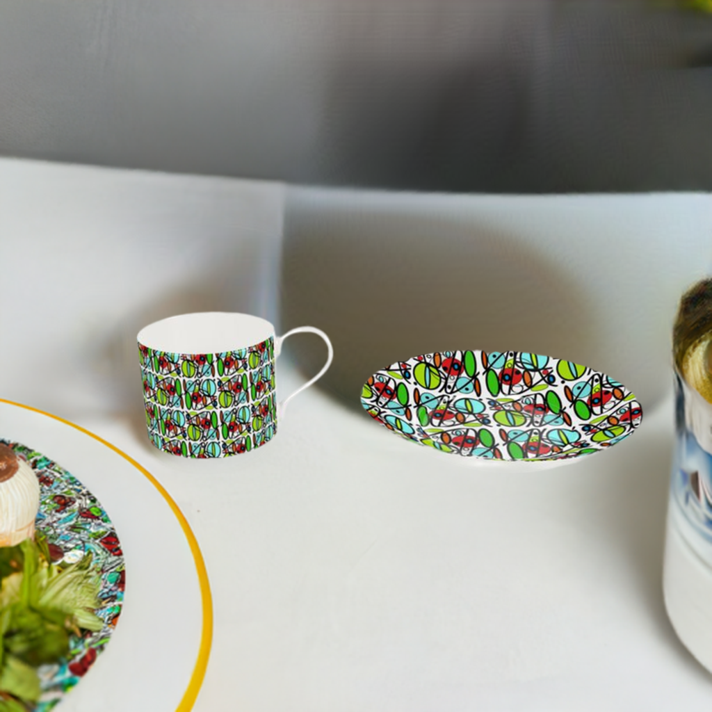 Bone China Cup and Saucer with vibrant circles and swirls