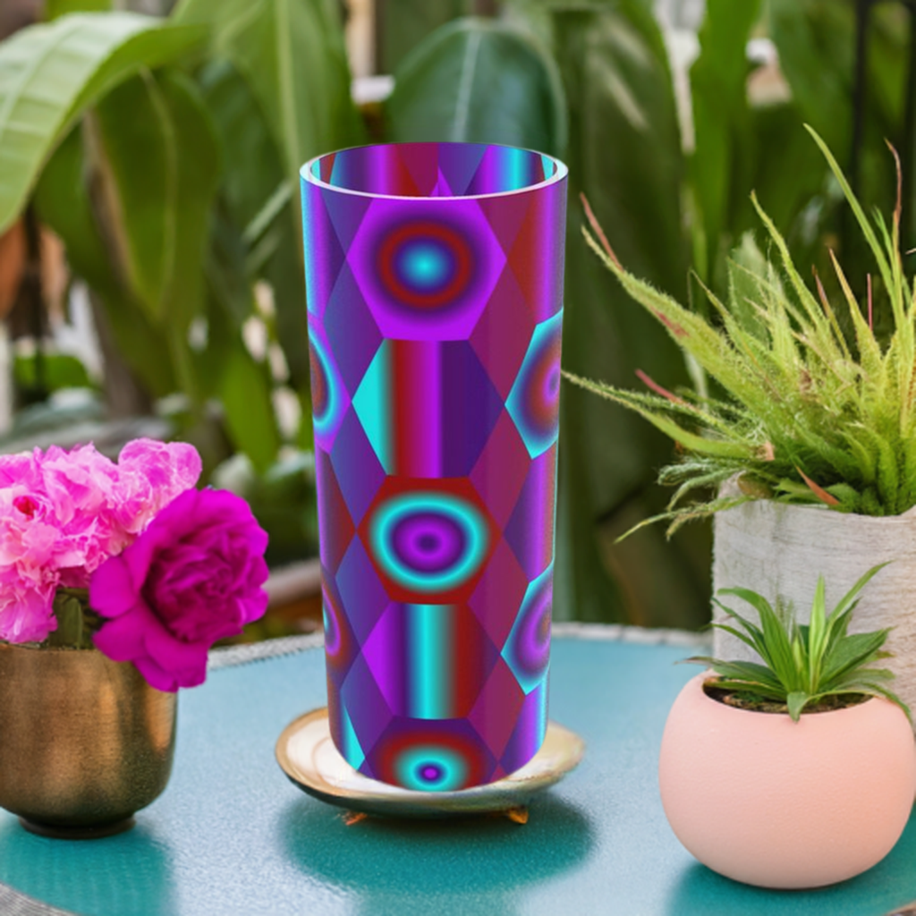 Tall Cylindrical Glass Vase with Vibrant Shapes