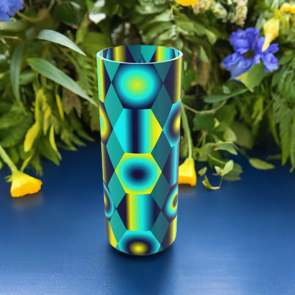 Tall Cylindrical Glass Vase with Vibrant Shapes