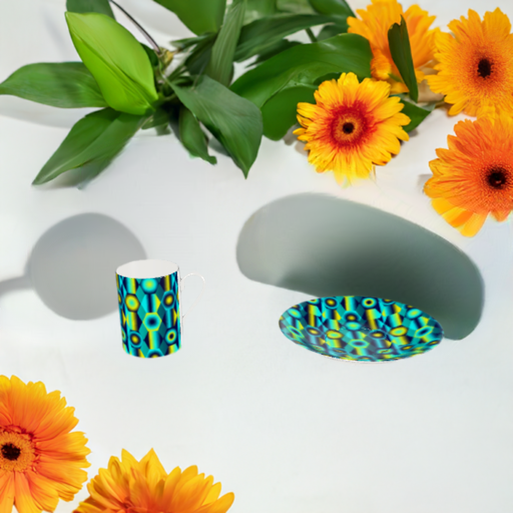 Bone China Cup and Saucer with vibrant shapes