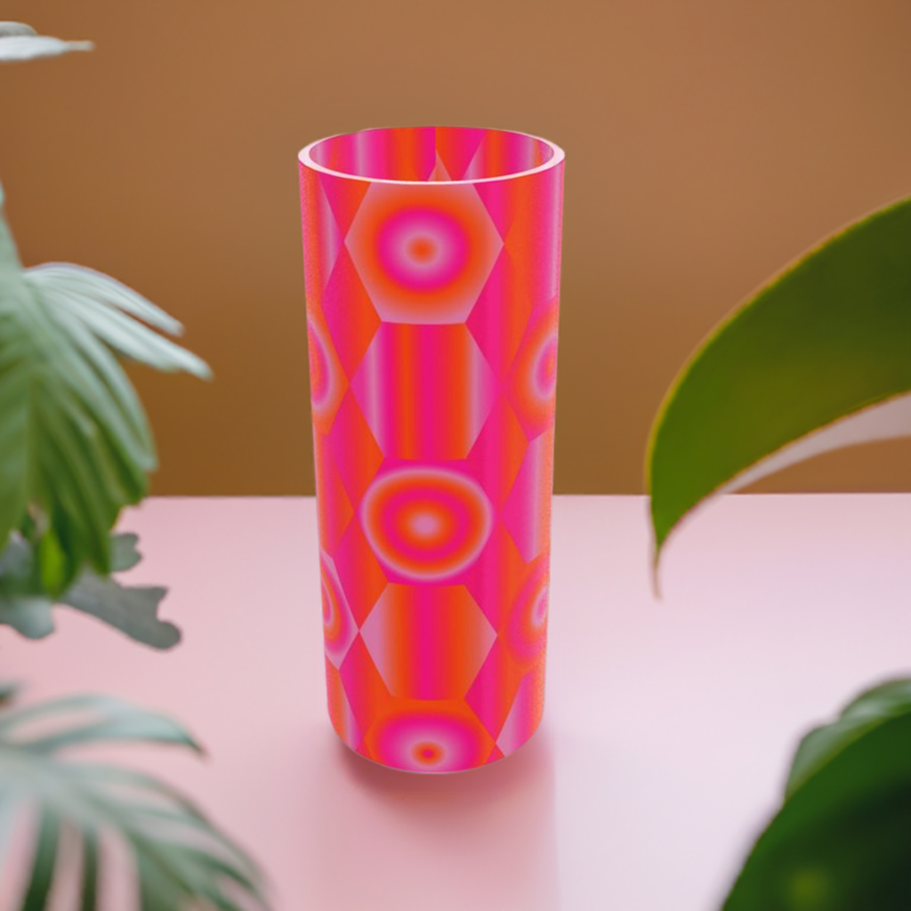 Tall Cylindrical Glass Vase with Vibrant Shapes