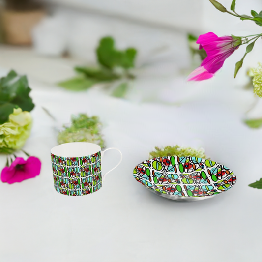 Bone China Cup and Saucer with vibrant circles and swirls